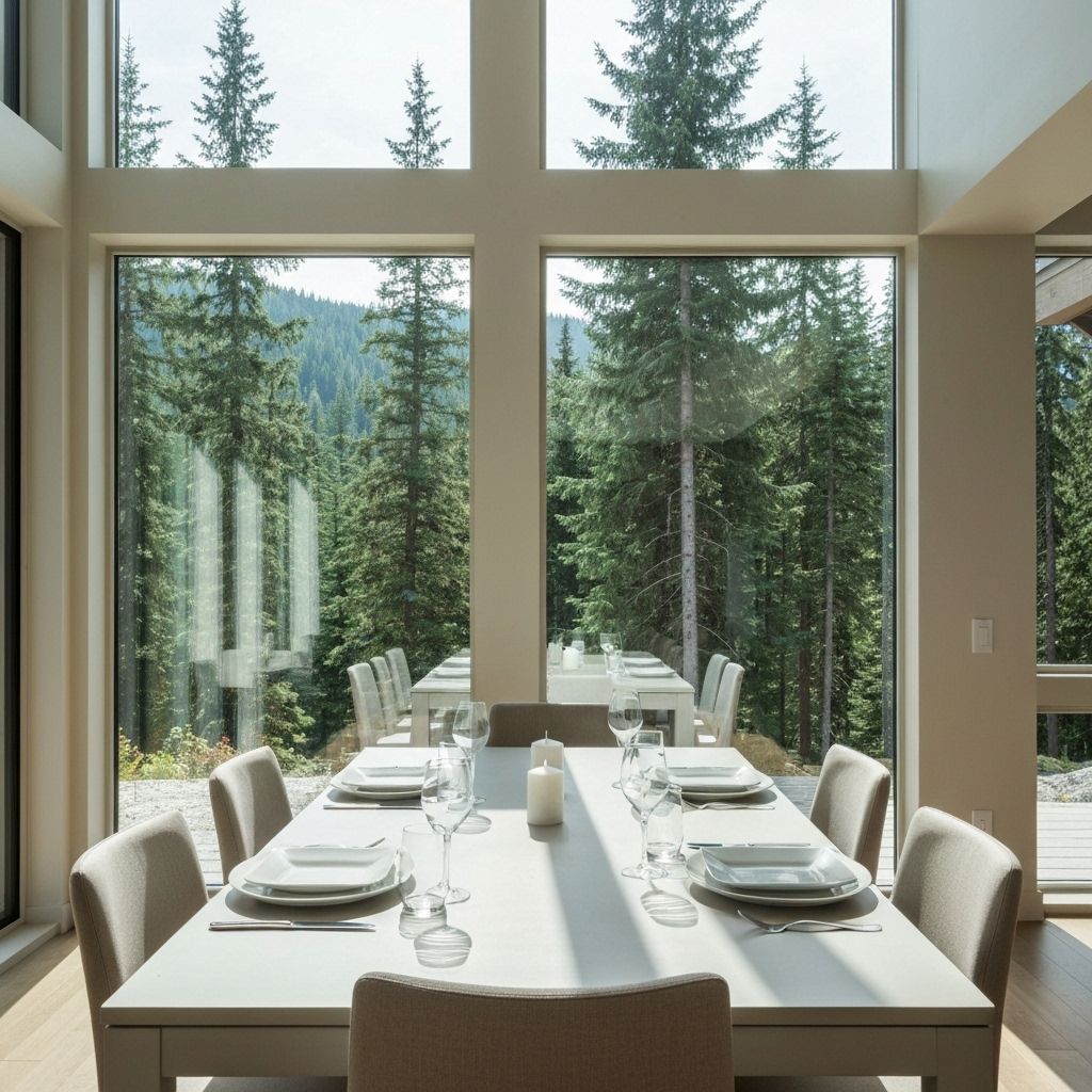 Clean dining room with forest views