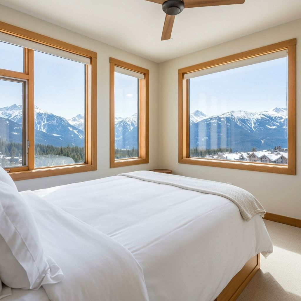 Clean vacation rental bedroom with mountain views